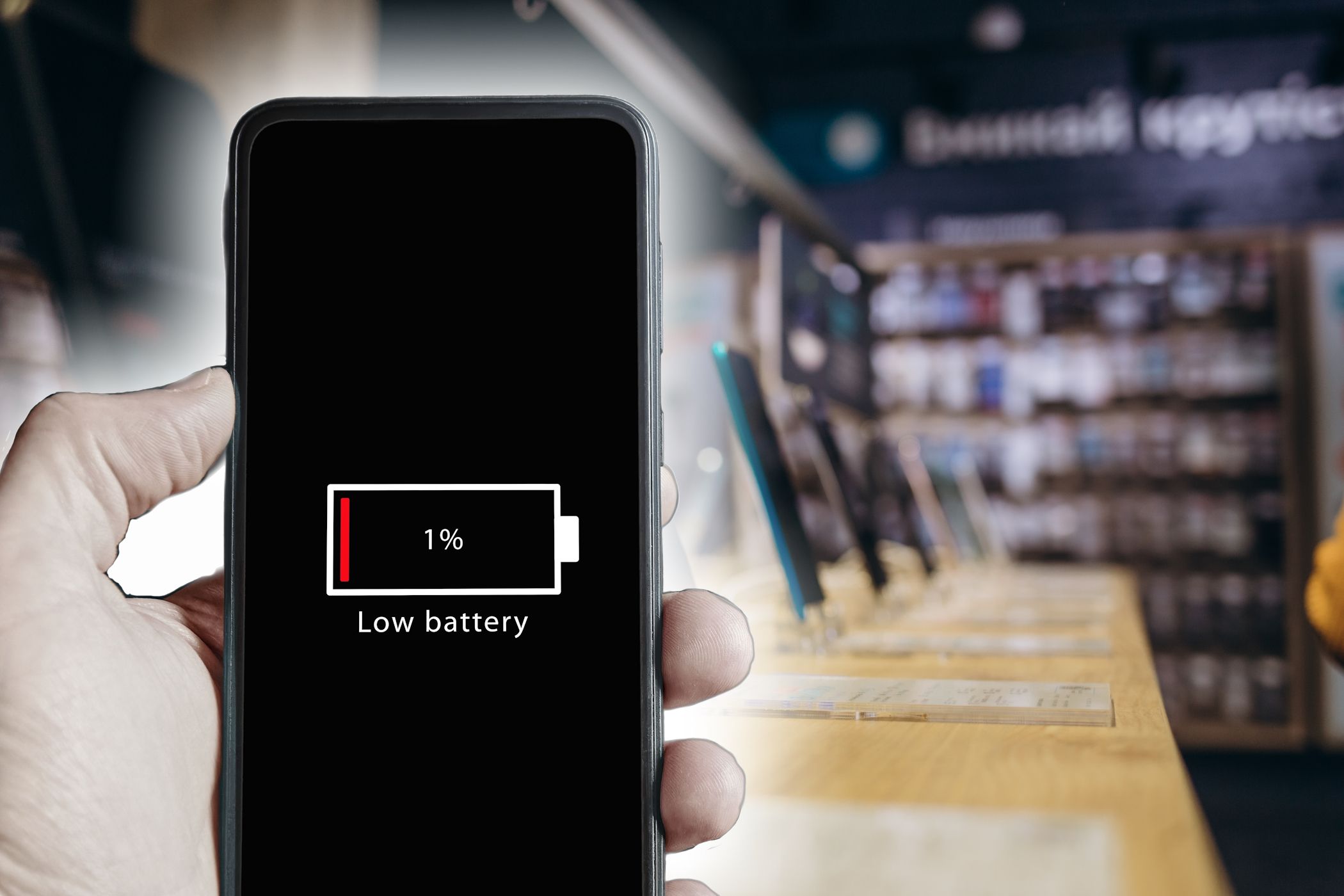 گوشی هوشمند با باتری کم در فروشگاه