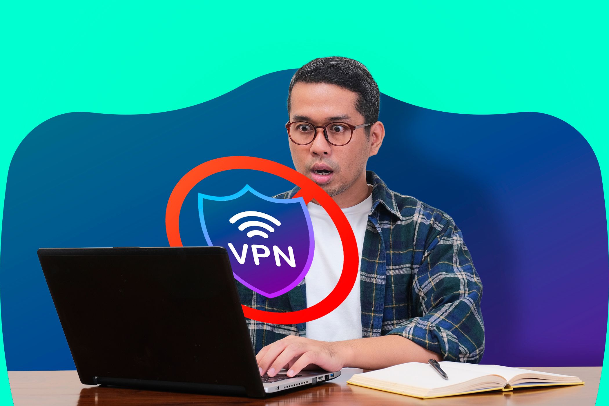 مرد شگفت زده کاربر لپ تاپ که به VPN روی صفحه نمایش خود نگاه می کند