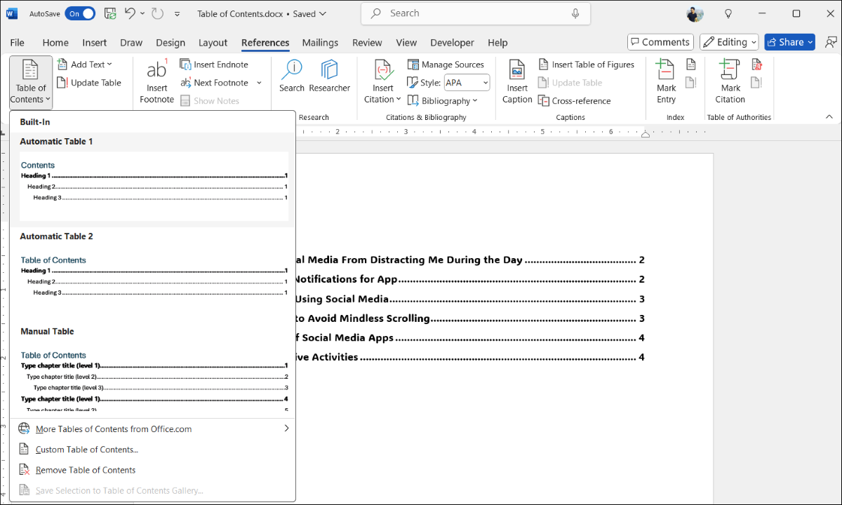 Table of Contents Menu in Microsoft Word