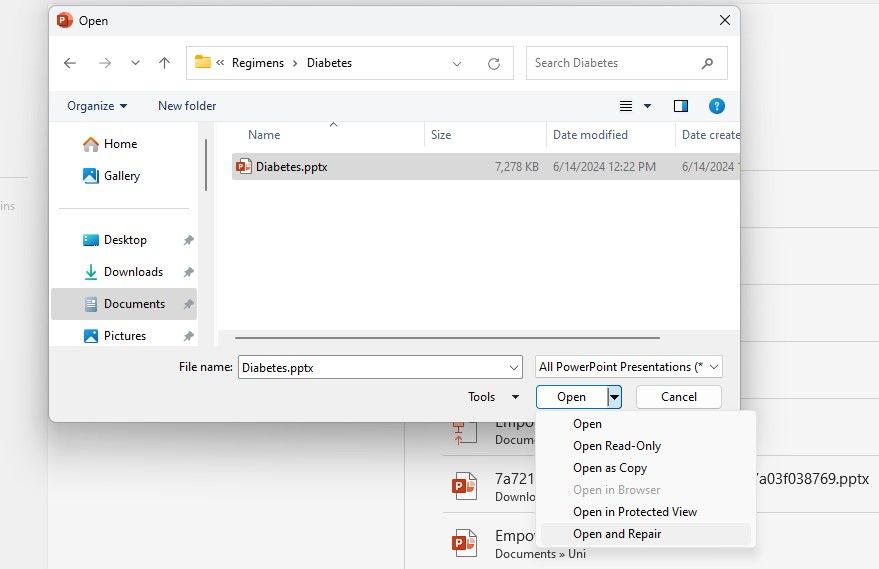 The Open and Repair option in Microsoft PowerPoint