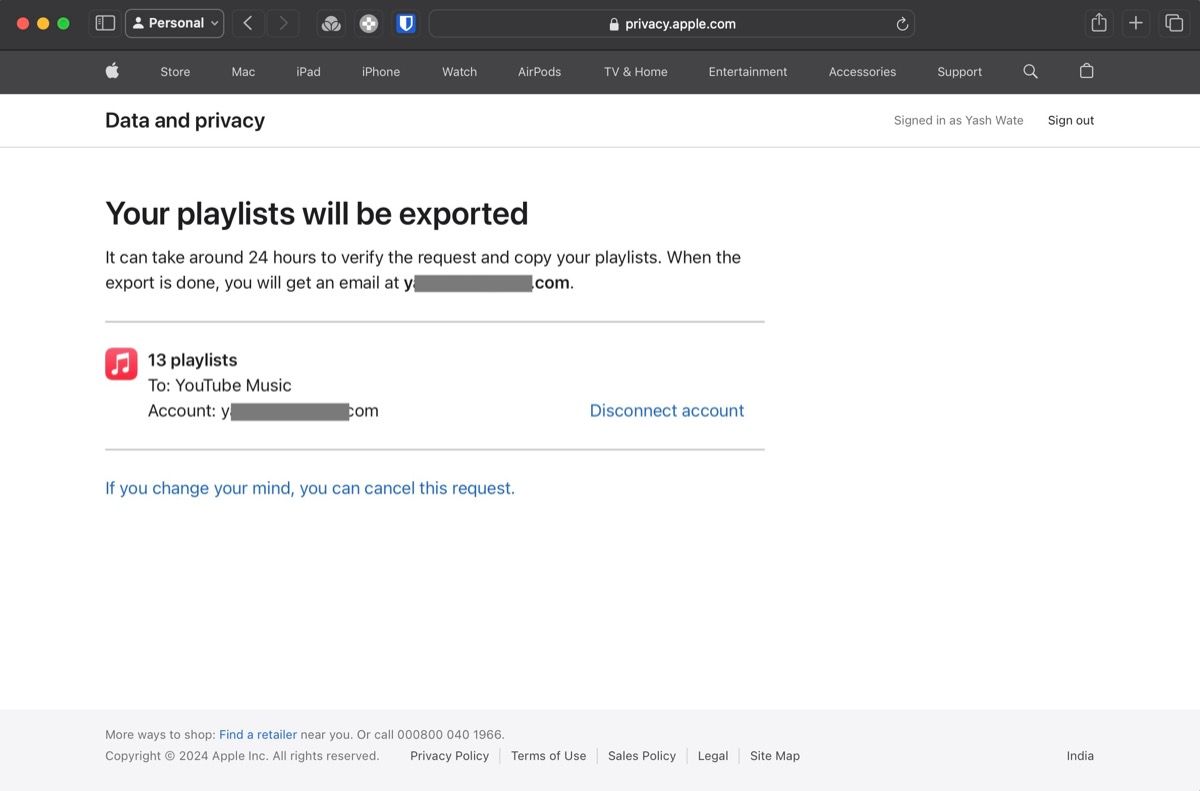 Apple's playlist transfer tool showing approximate time to complete the transfer request.