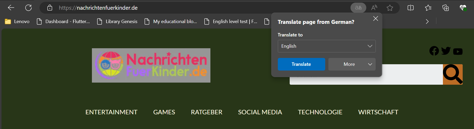 Opções de tradução em um site alemão no Microsoft Edge em um desktop