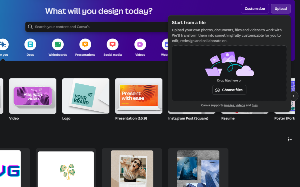 Upload file from Canva homepage