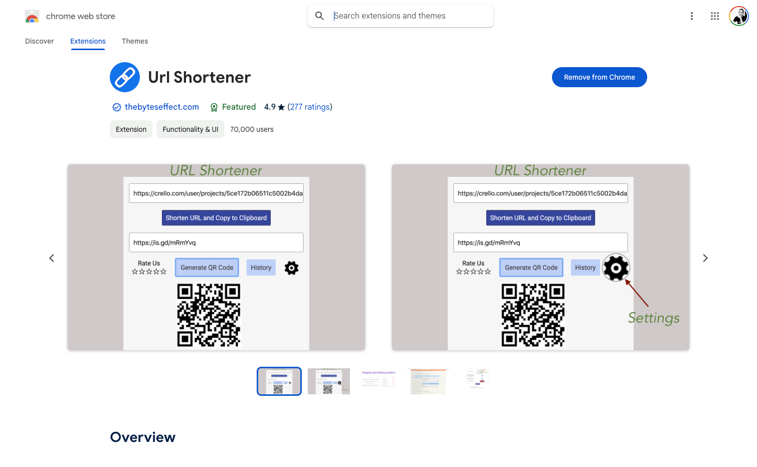 Url Shortener Browser extension in Chrome Web Store