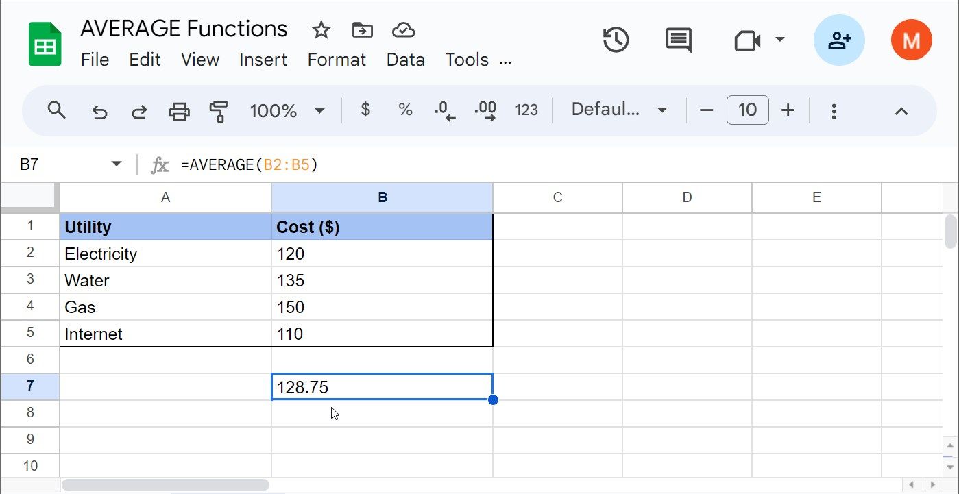 استفاده از تابع AVERAGE در Google Sheets