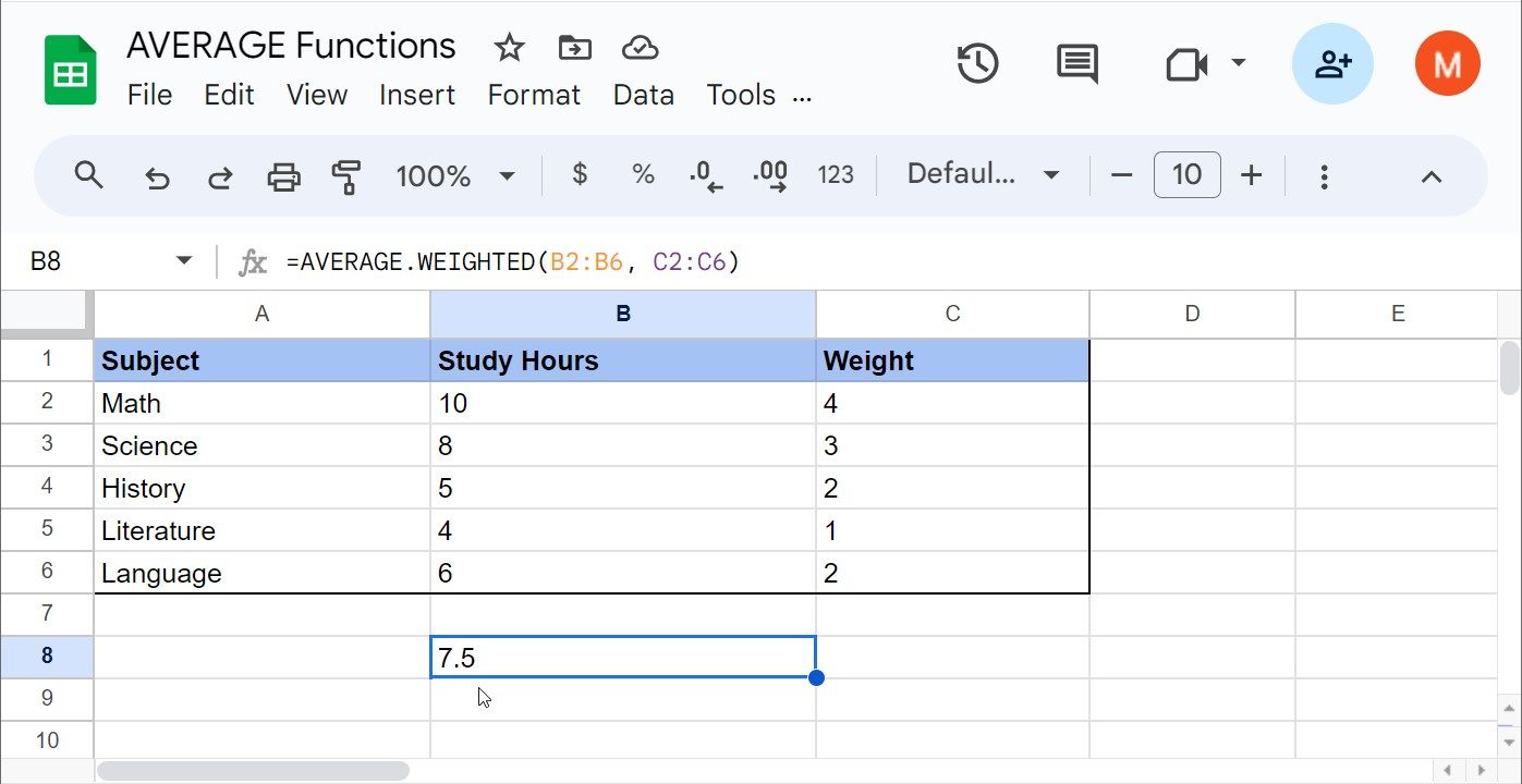 استفاده از تابع AVERAGE-WEIGHTED در Google Sheets