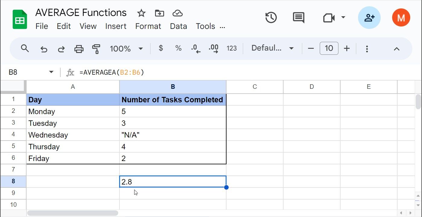 استفاده از تابع AVERAGEA در Google Sheets