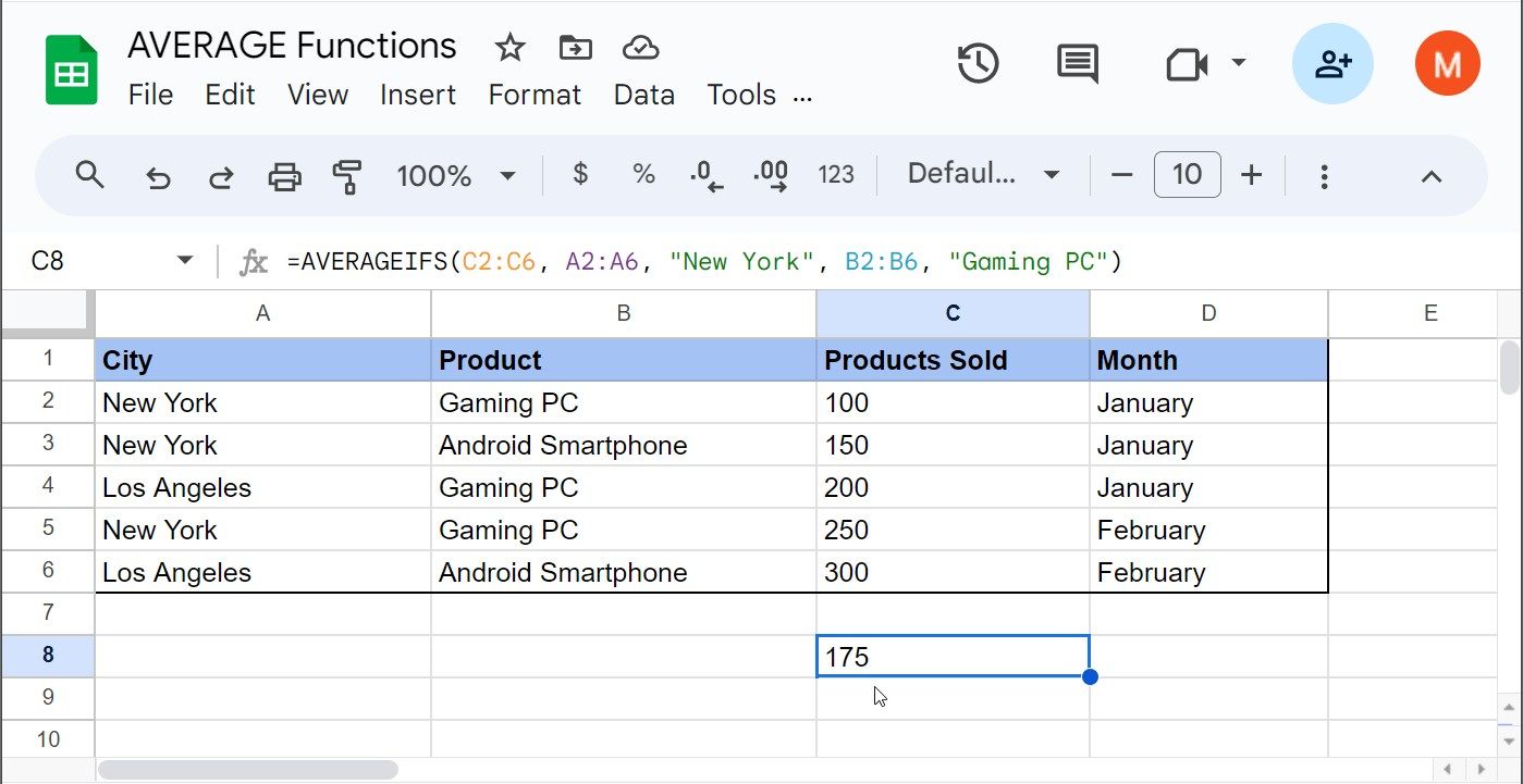 استفاده از تابع AVERAGEIFS در Google Sheets