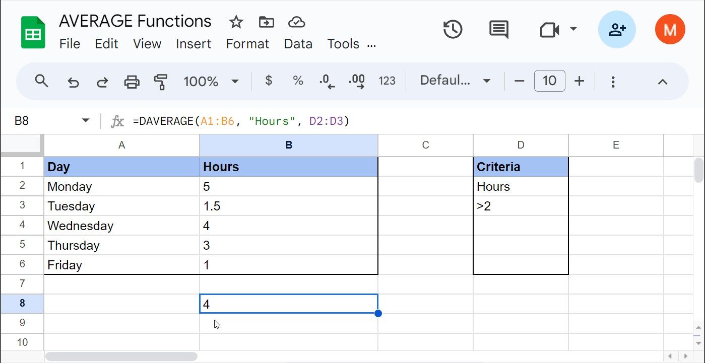 استفاده از تابع DAVERAGE در Google Sheets