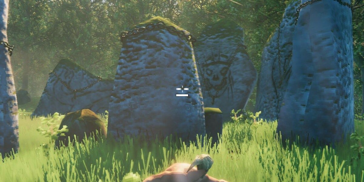 Valheim game on foot through Viking stones