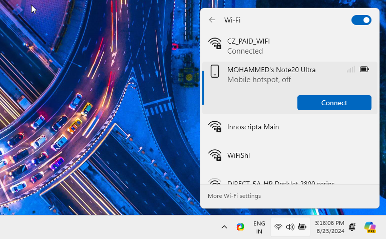 Windows 11 WiFi list with Instant Hotspot device listed