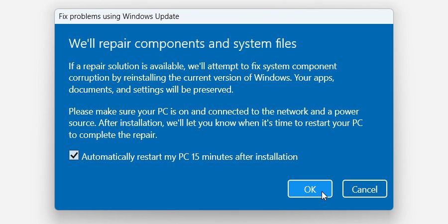 جعبه تأیید ابزار بازیابی Windows Update