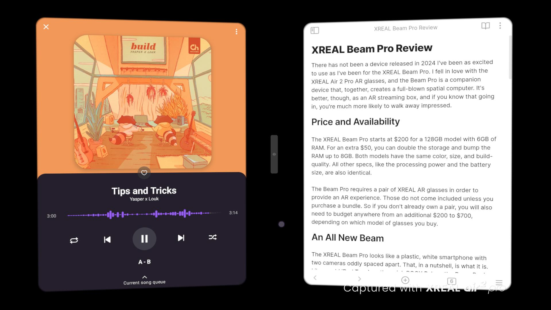 Two apps side-by-side on the XREAL Beam Pro