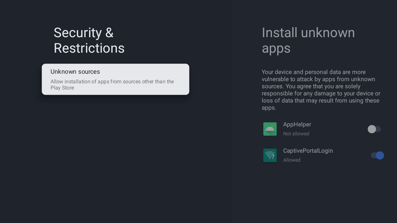 Option to install apps from unknown sources on Android TV