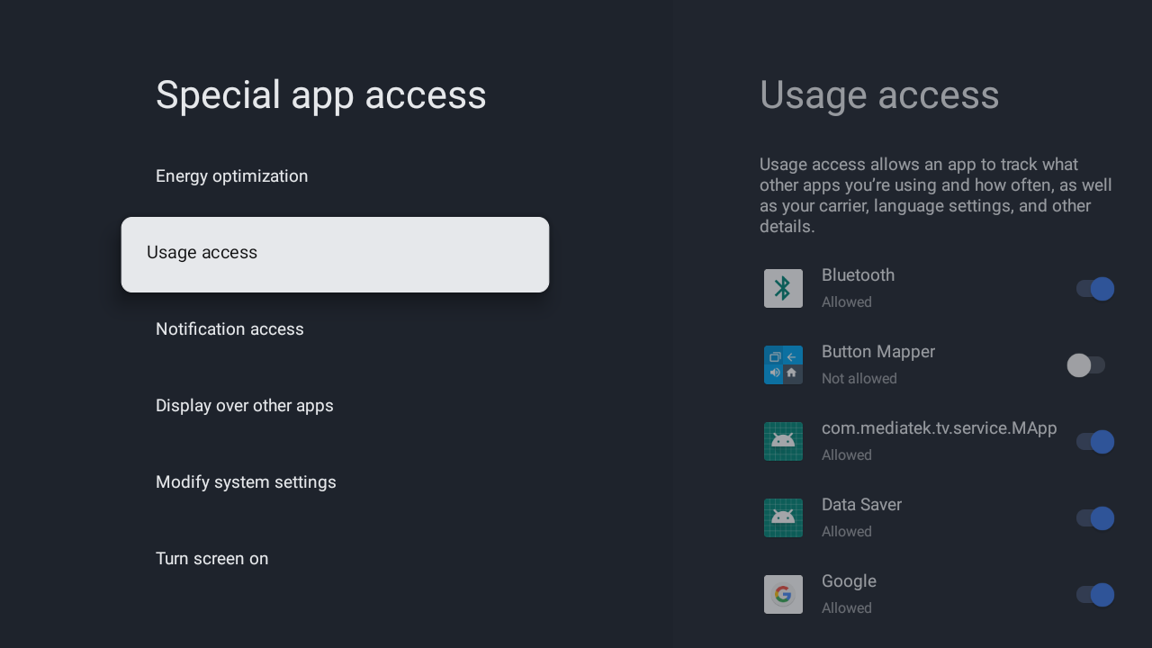 Special App Access settings on an Android TV streaming device