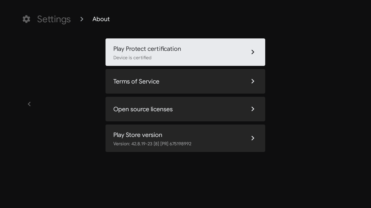 Google Play Protect certification confirmed on an Android TV device