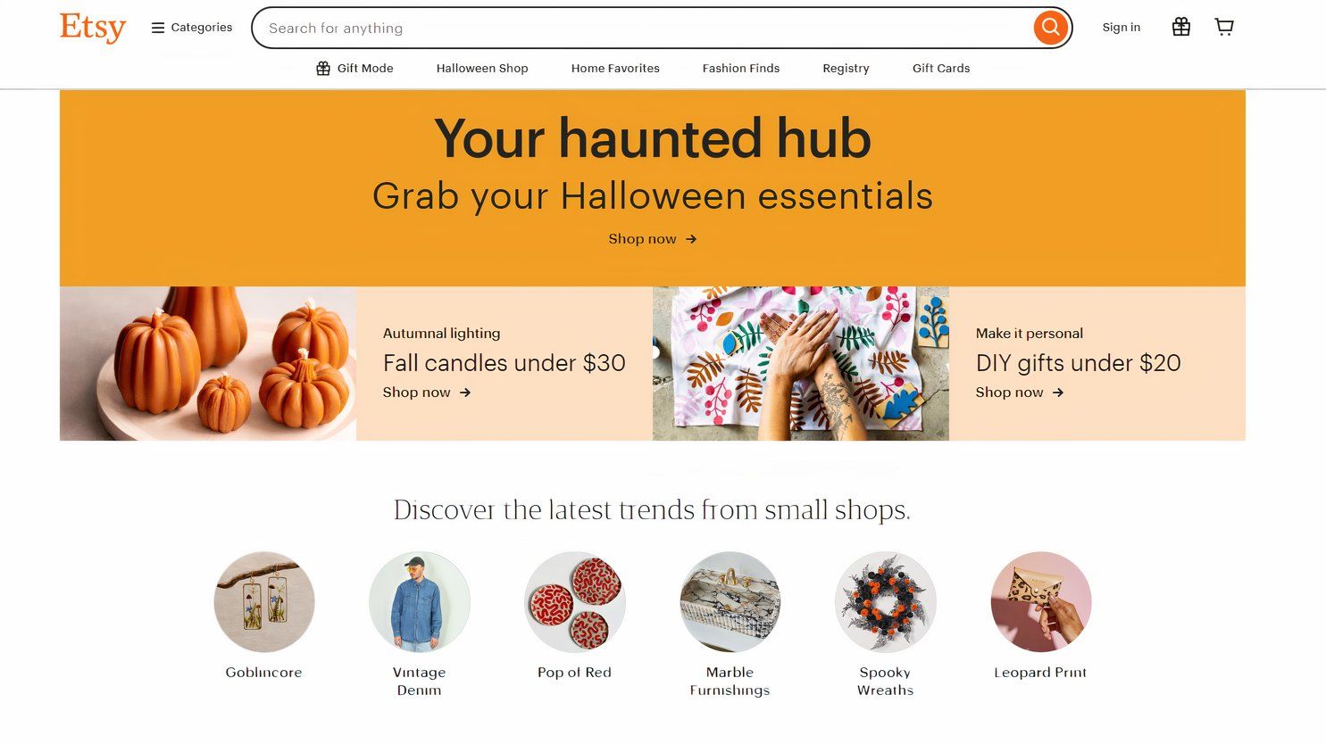 The homepage of the Etsy shop with navigation.