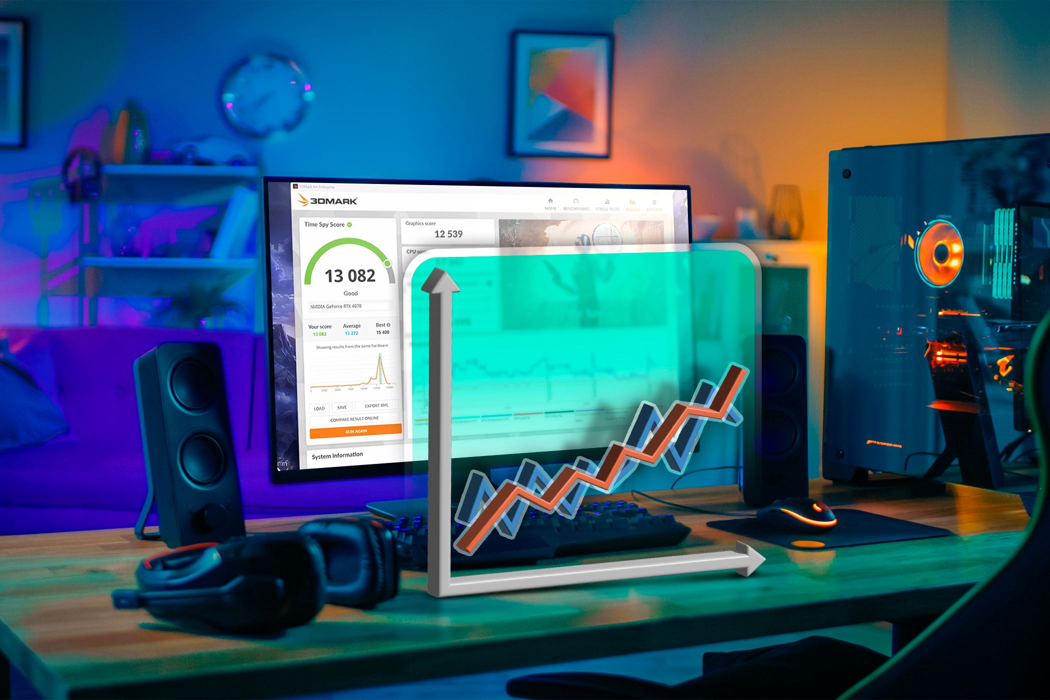 A gaming PC with a benchmark test on the screen and a chart on the desk.