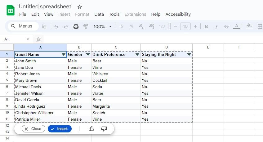 A Google Sheets table created by Gemini 