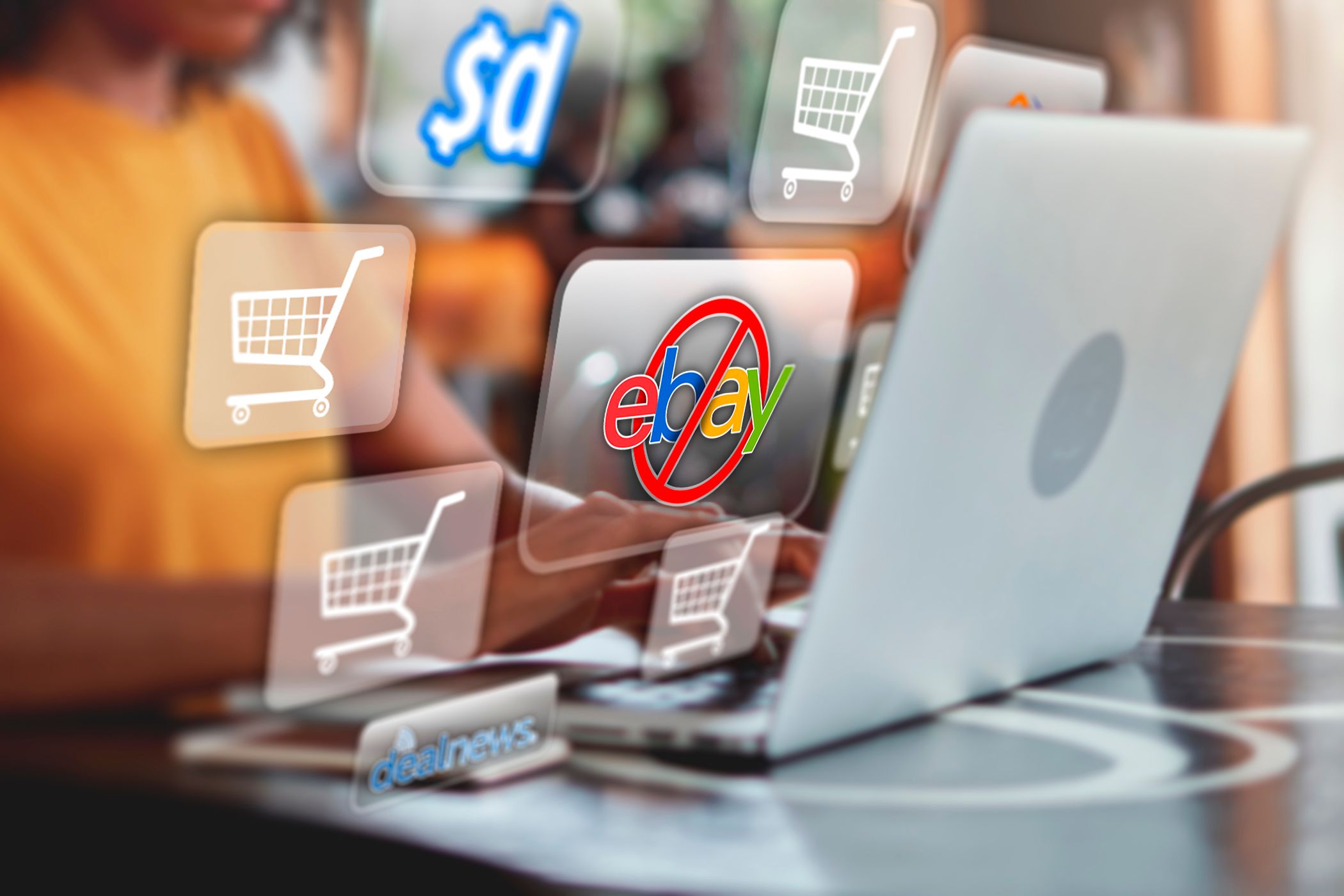 A person using a laptop with shopping cart icons in front of the screen, logos of some bargain websites, and the eBay logo with a cross over it.