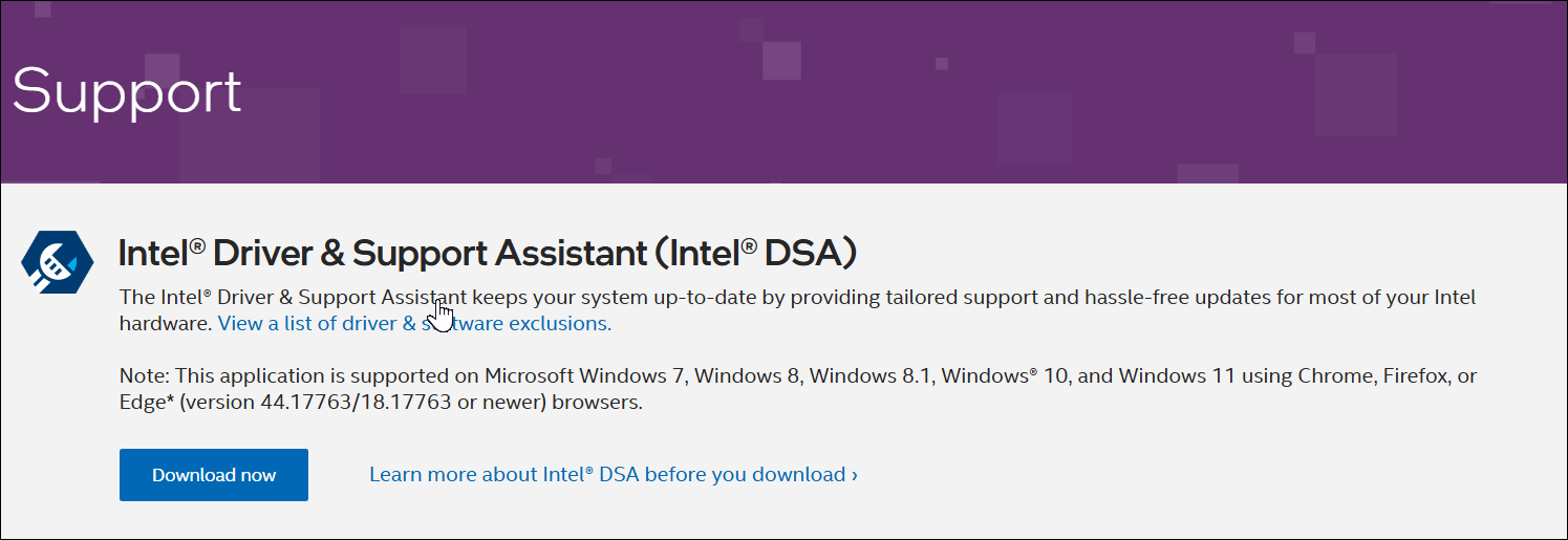 A screen capture of the Intel Driver and Support Assistant download webpage