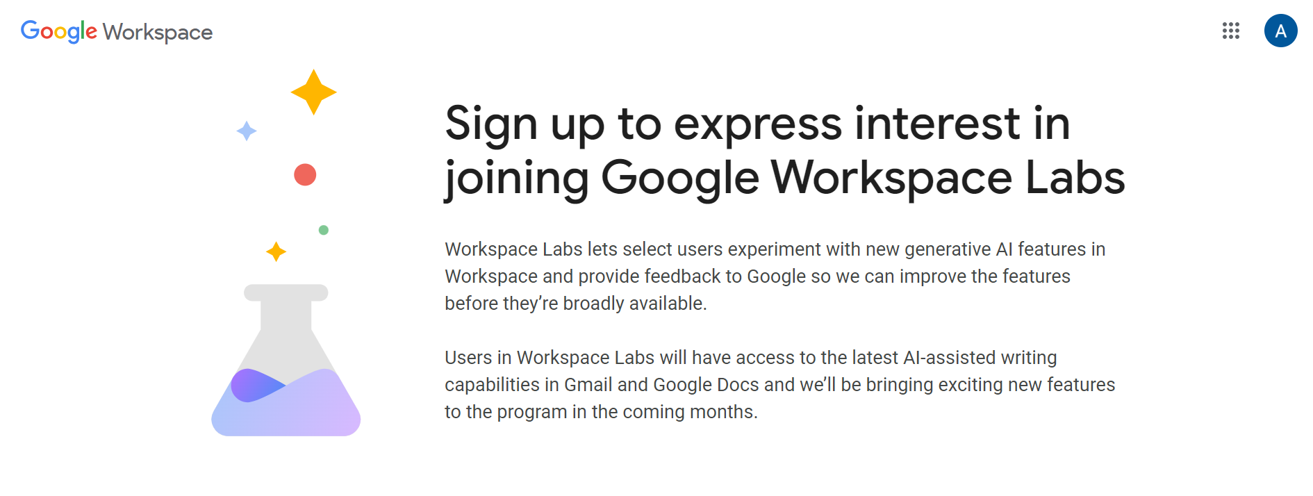 A screenshot of the Google Workspace Lab Interest Page