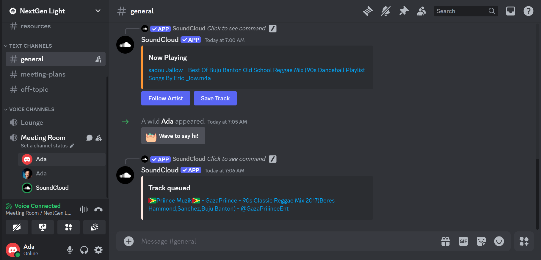 A screenshot showing Soundcloud integrated into a Discord text channel