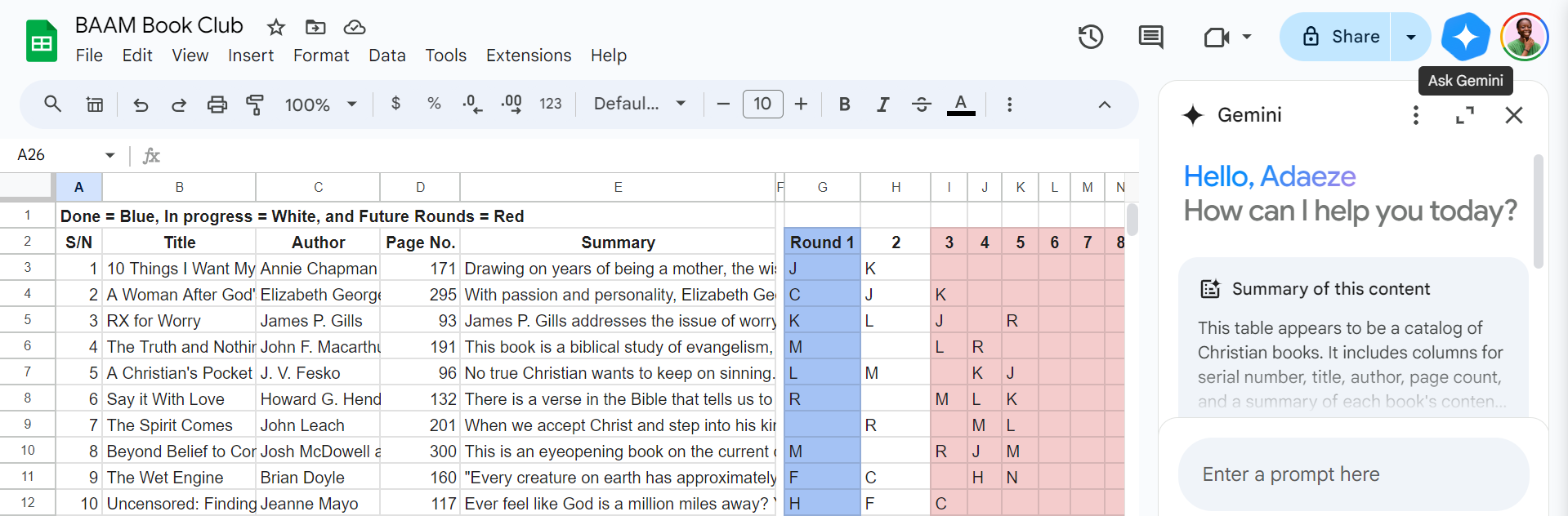 A screenshot showing the Gemini in Sheets Tab in a Spreadsheet