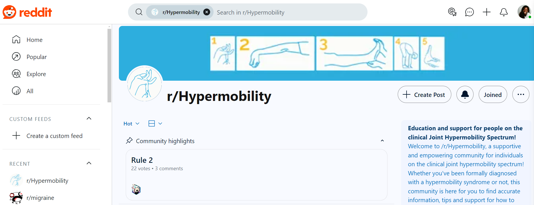 یک اسکرین شات که جامعه hypermobility را در Reddit نشان می دهد