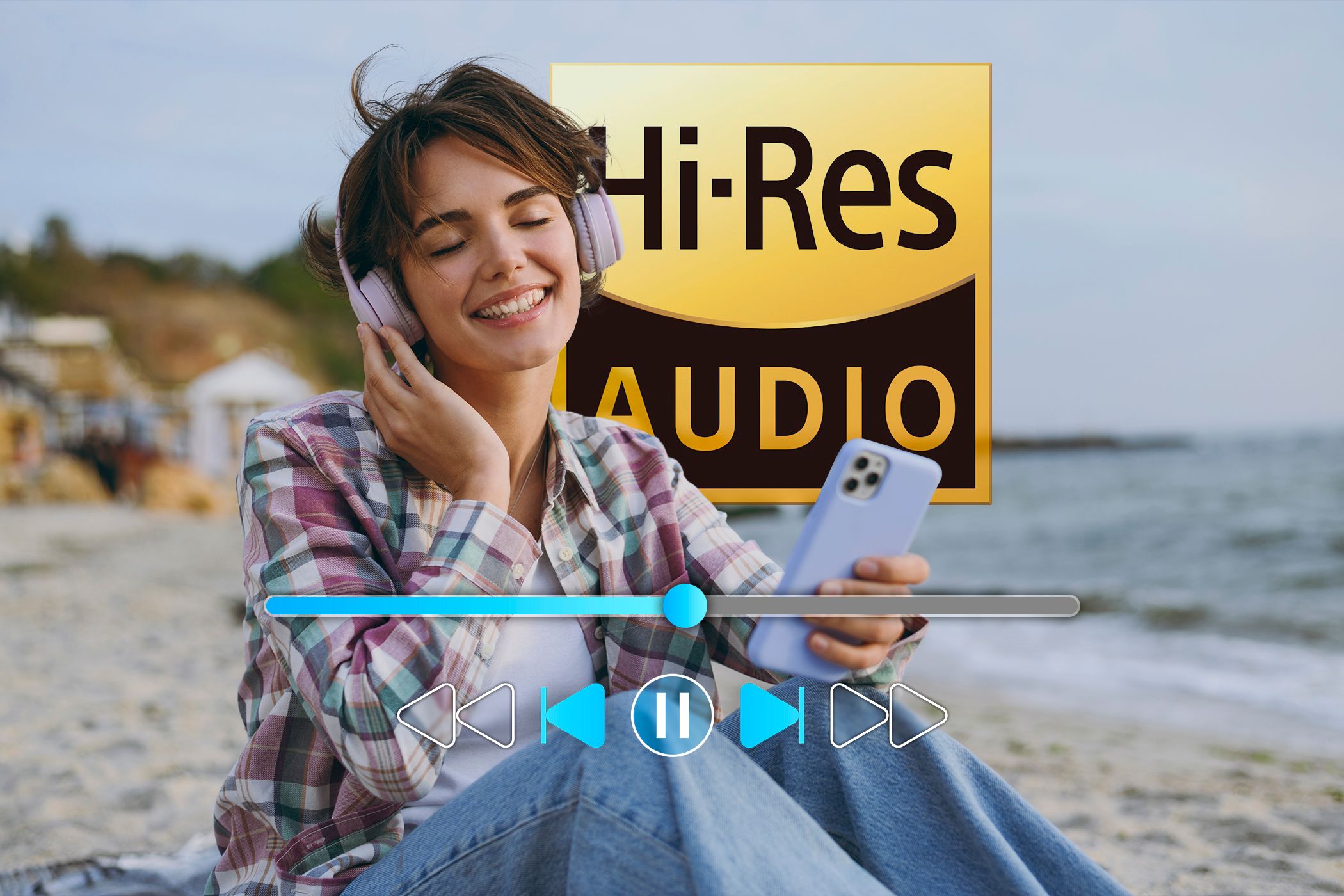 A woman listening to music on the beach using her phone, with a Hi-Res Audio logo in the background.