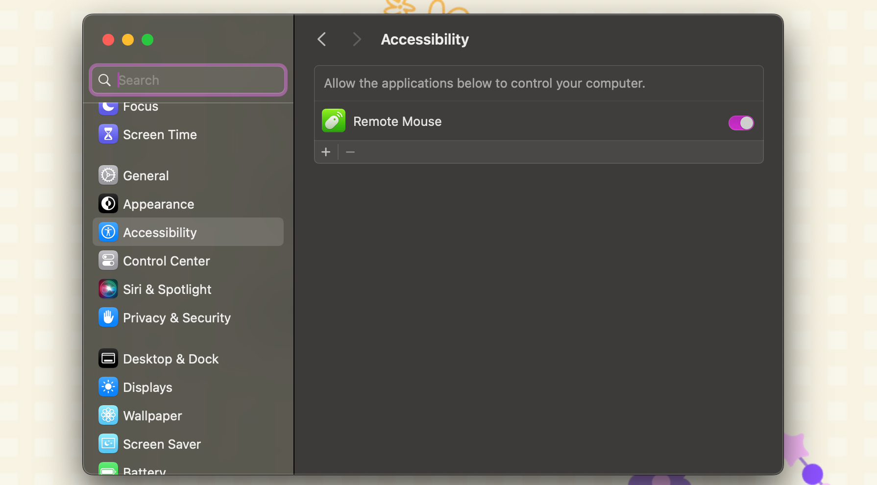 Accessibility page in System Settings with Remote mouse toggle switched on