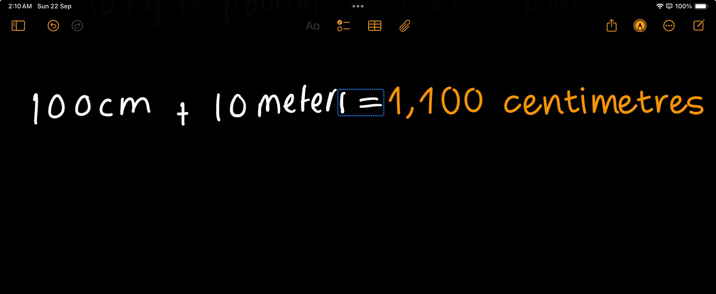 adding cm and meters in Math Notes