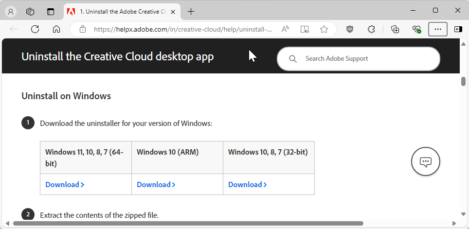 Adobe Creative Cloud desktop uninstaller download web page