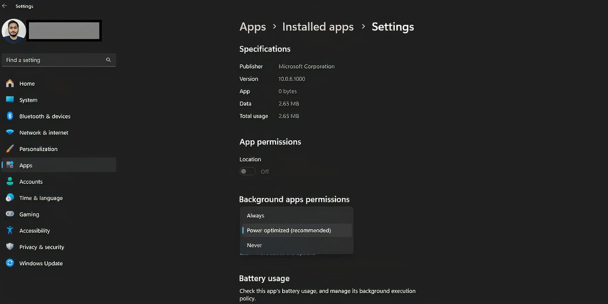 Advanced app settings page in Windows 11 settings app