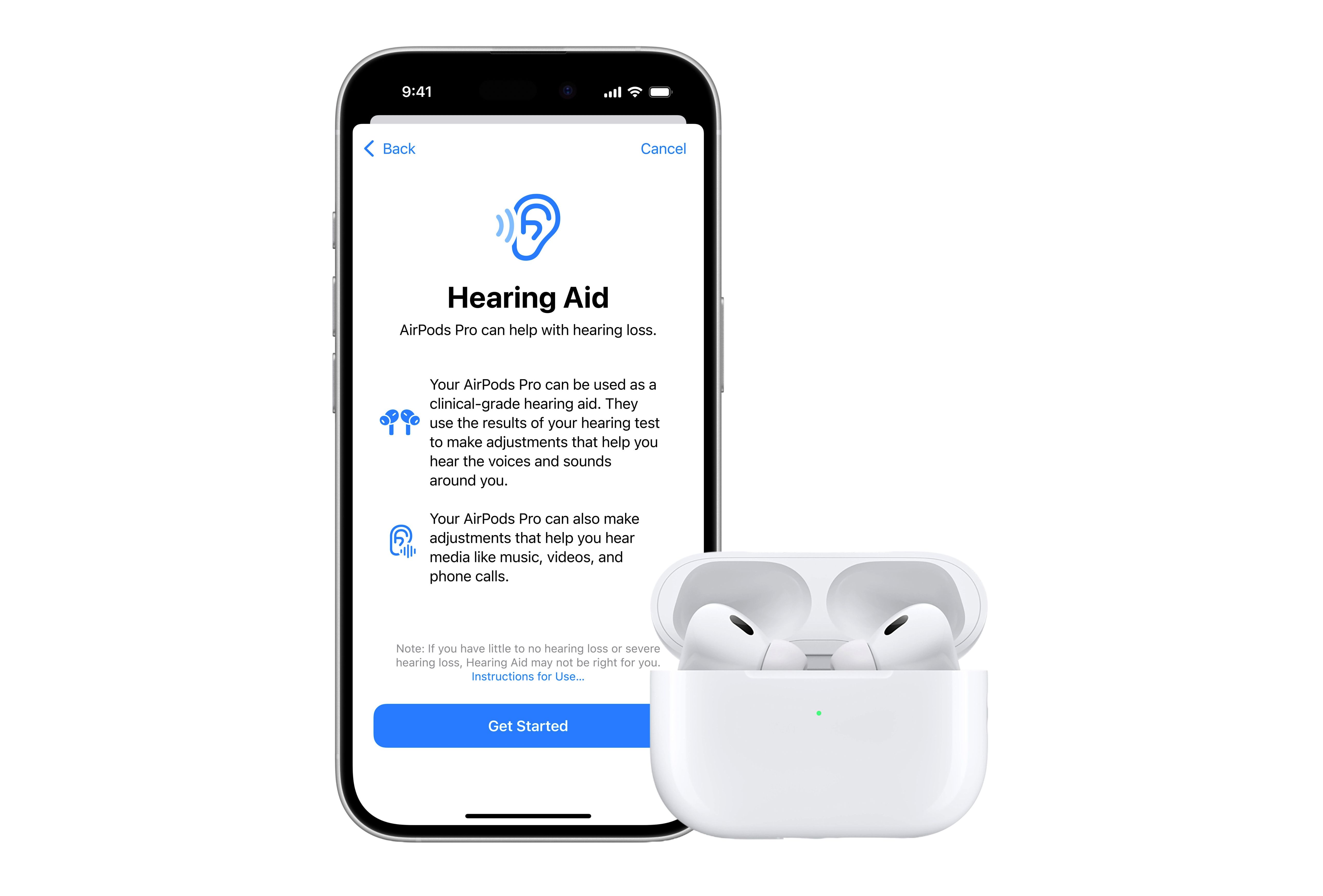 AirPods Pro در یک قاب در کنار آیفون که عملکرد سمعک را نشان می دهد