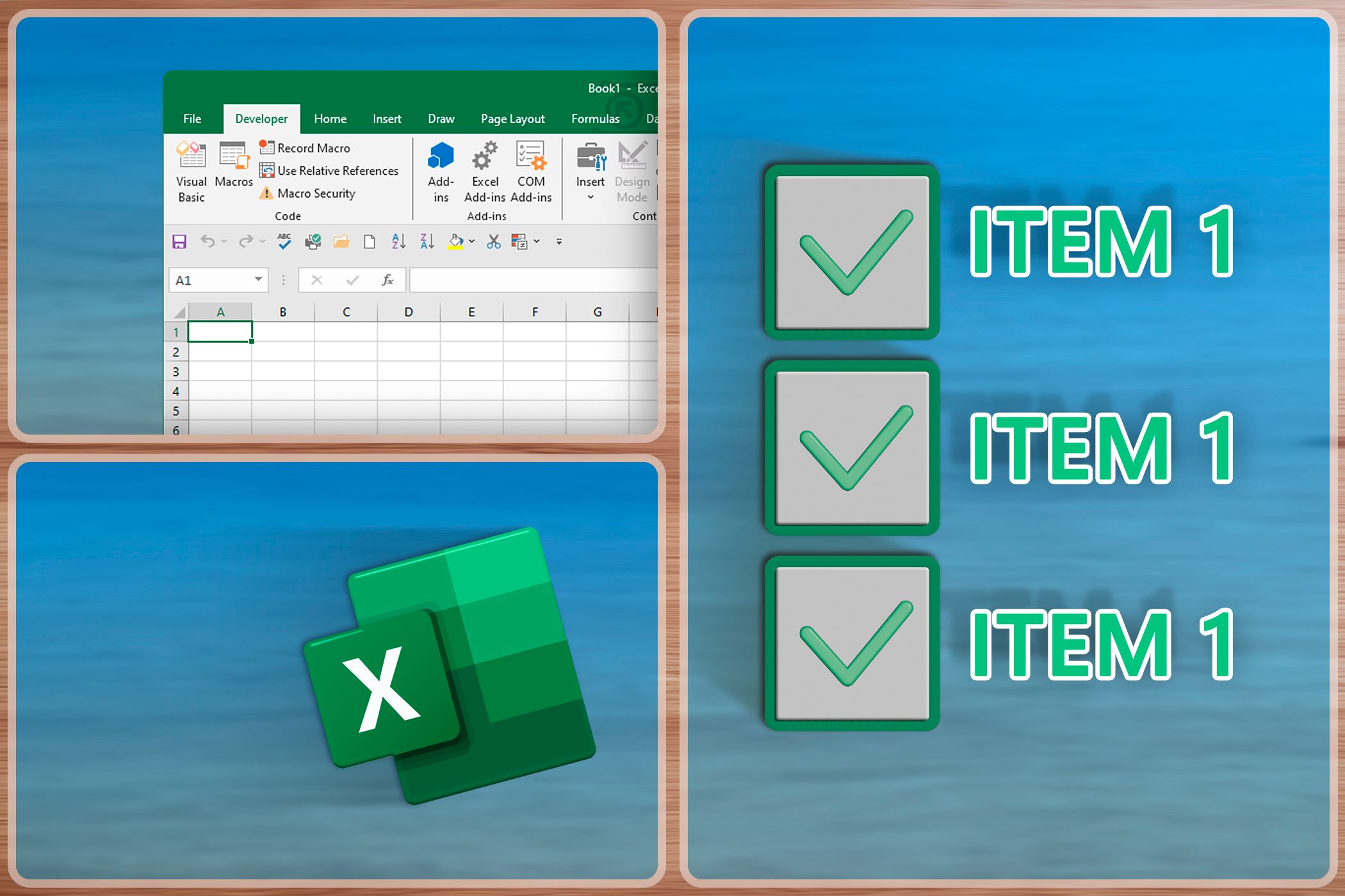 An Excel spreadsheet highlighting the Developer tab, the Excel logo below, and a checklist to the right.