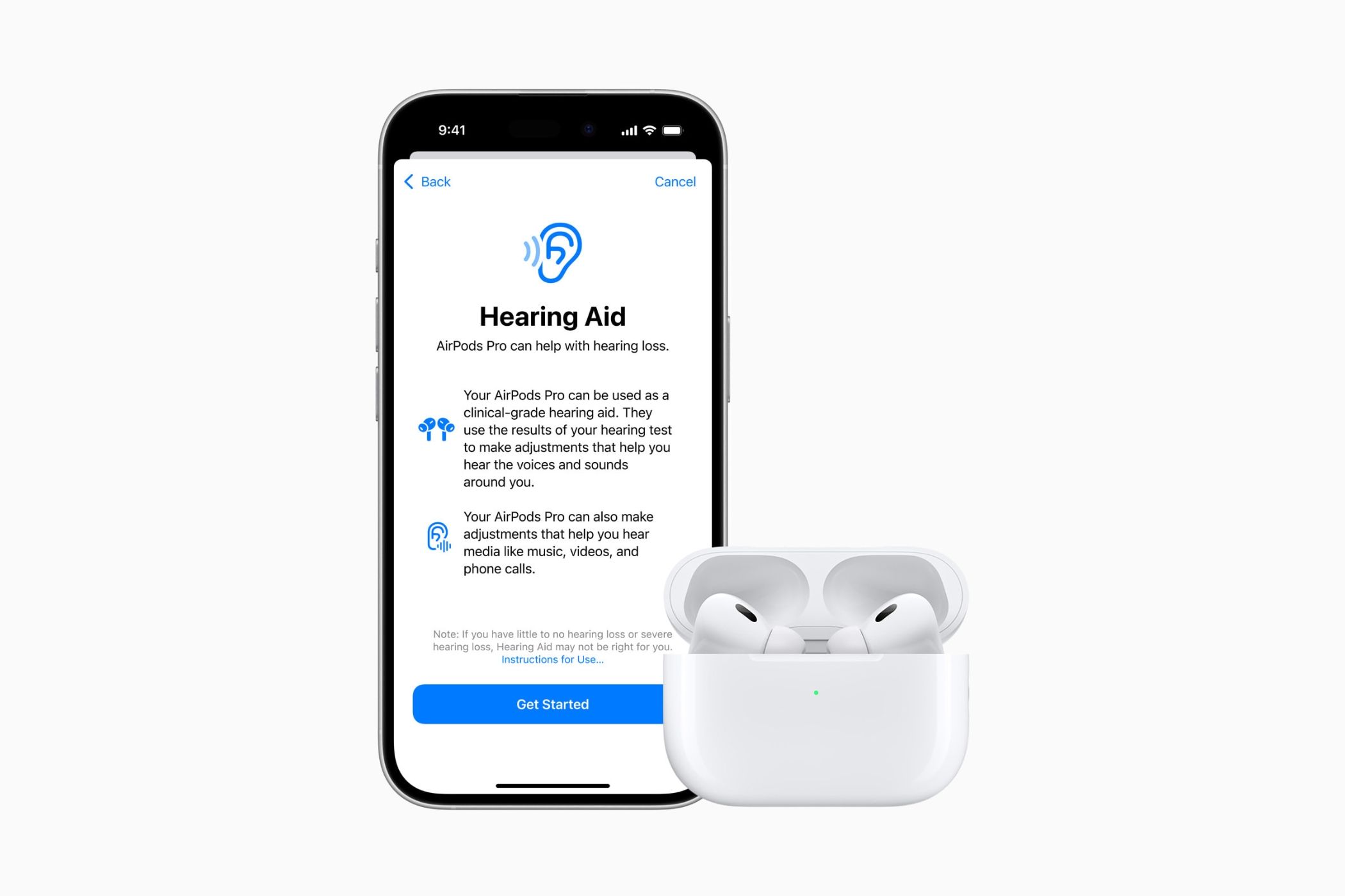 Hearing Aid Feature info page shown on an iPhone with a pair of AirPods Pro 2 kept in front of it