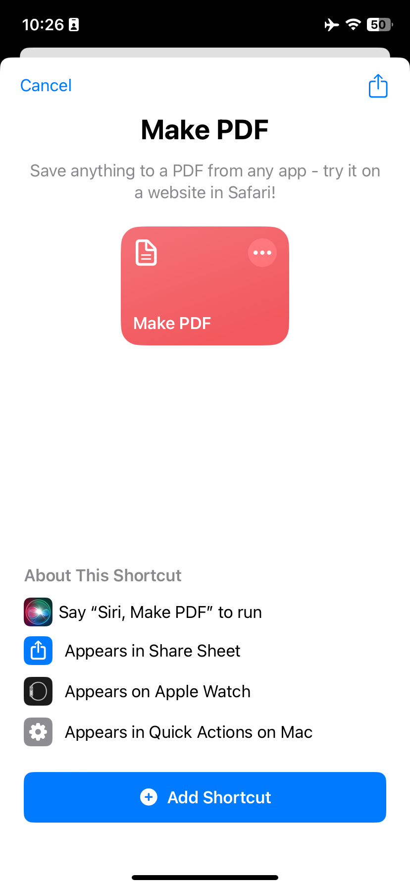 The Shortcuts app on iOS includes a shortcut for producing a PDF