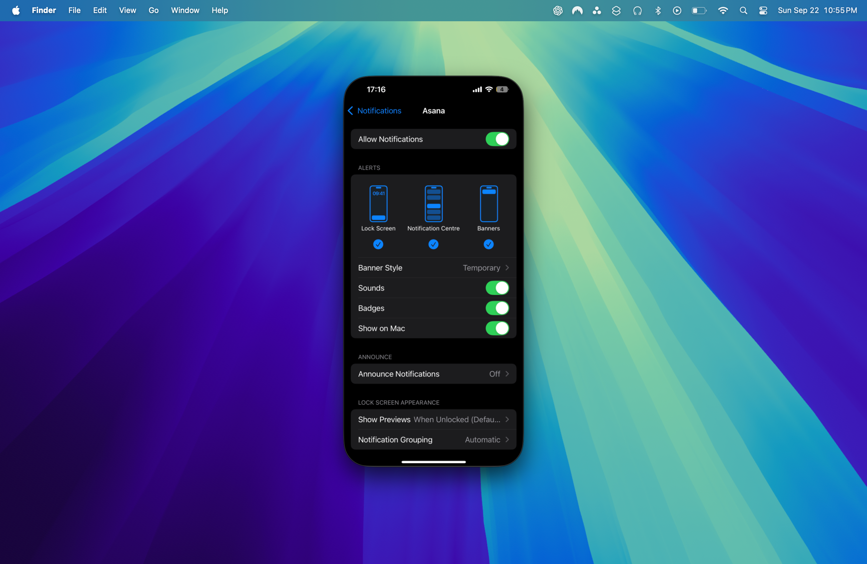 گزینه‌های اعلان‌های آسانا در آیفون Mirroring