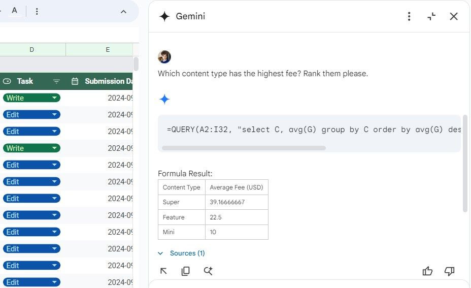 Asking gemini to analyze a spreadsheet in Google Sheets