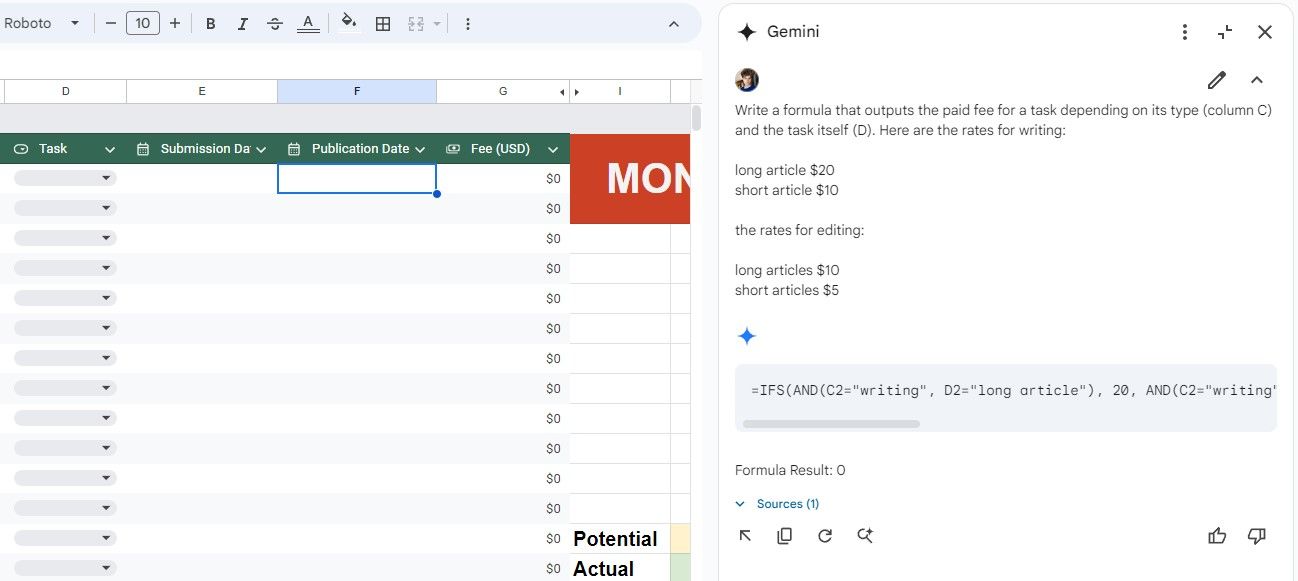 Asking Gemini to create a formula in Google Sheets