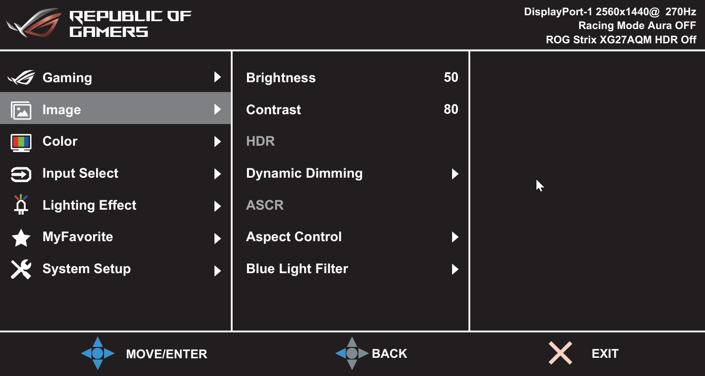منوی OSD مانیتور Asus ROG Strix با تنظیمات HDR