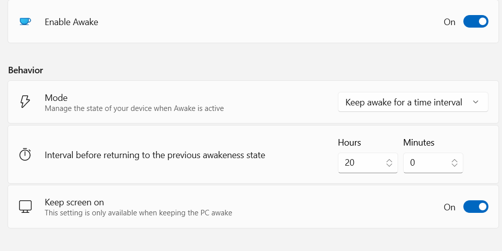 Setting time interval for Awake in PowerToys on Windows.