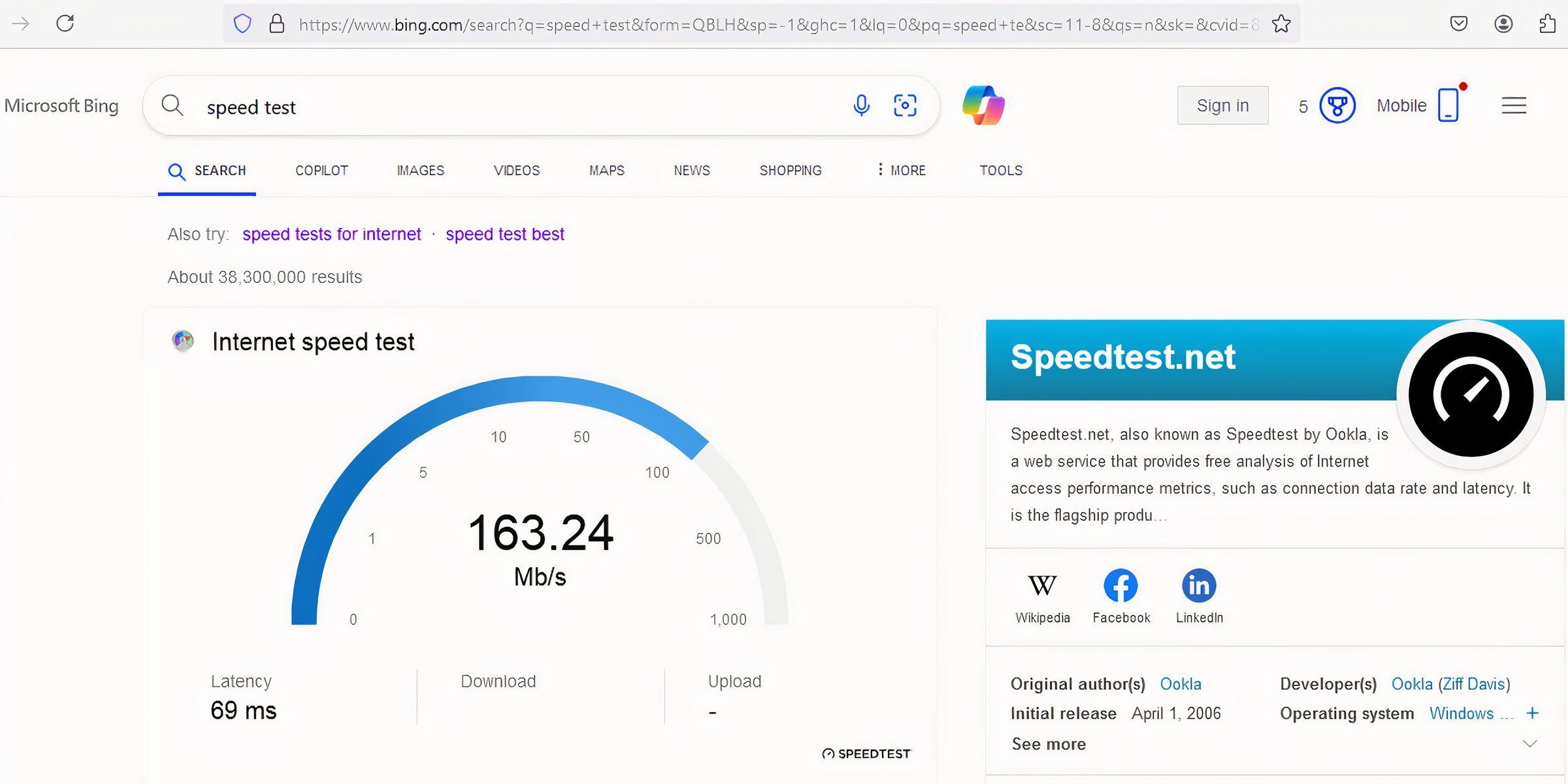 Performing an internet speed test on Bing