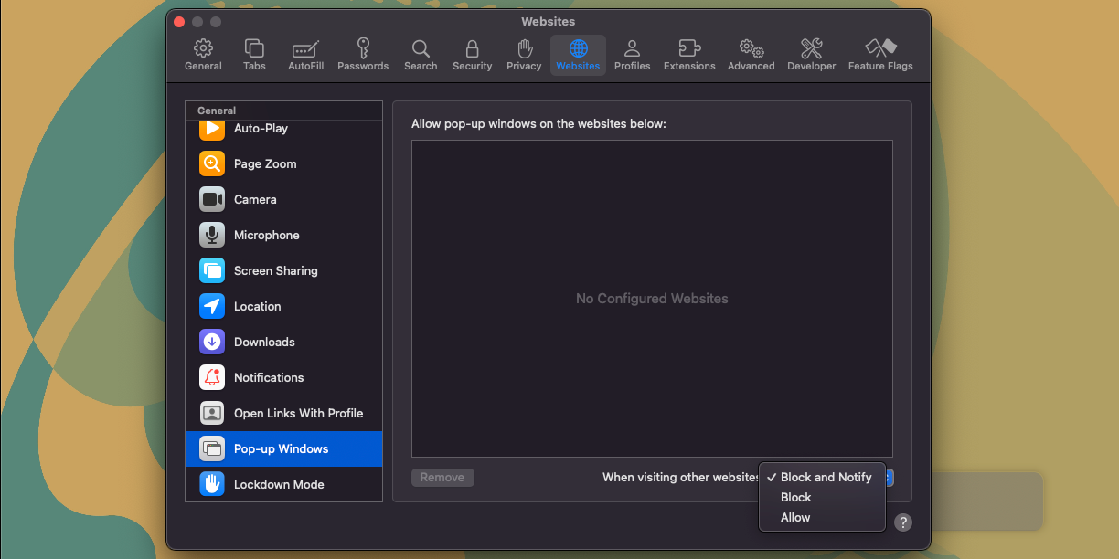 مسدود کردن تنظیمات پاپ آپ در سافاری در مک