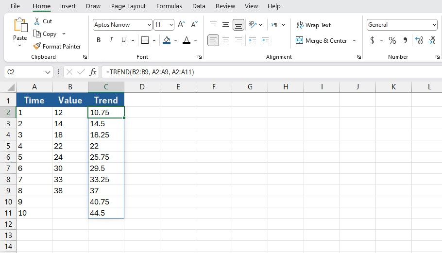 Calculating unknown values with TREND in Excel