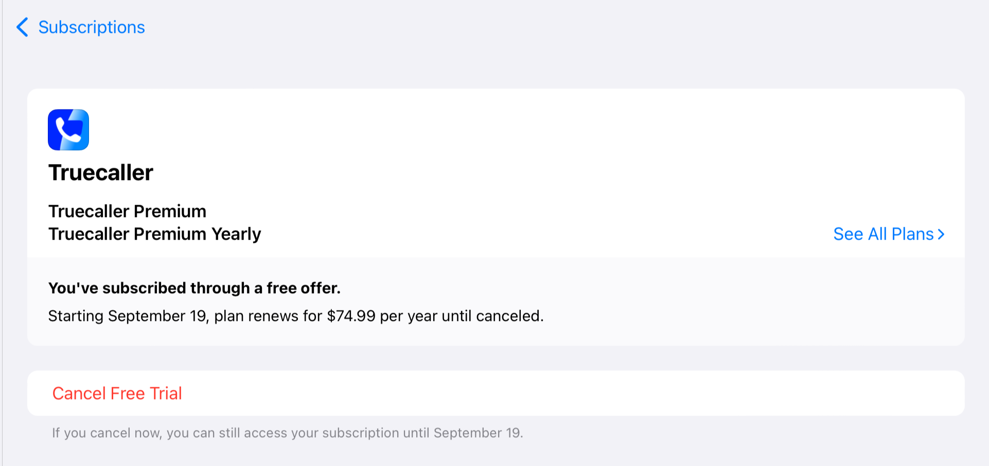 cancelling my truecaller subscription on ios