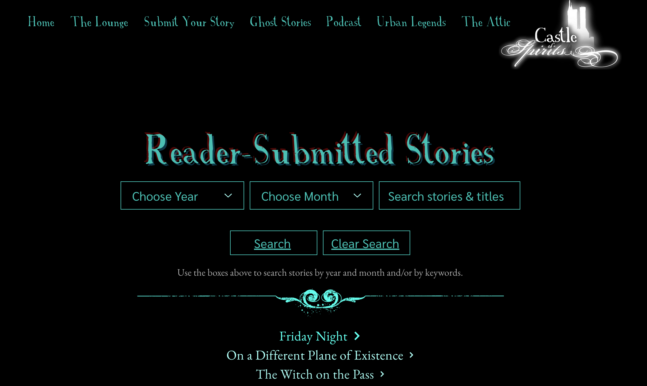 The stories section of the Castle of Spirits website