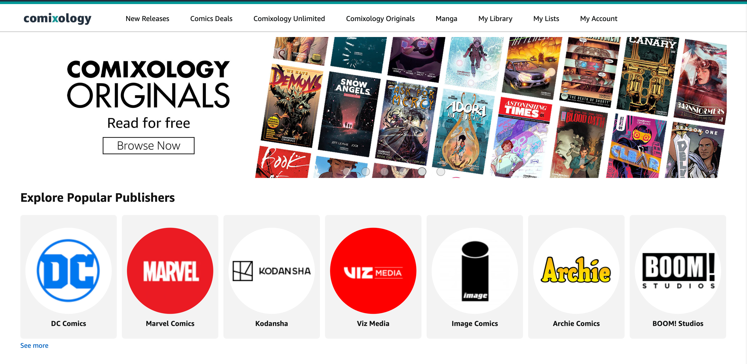 Comixology homepage on Amazon