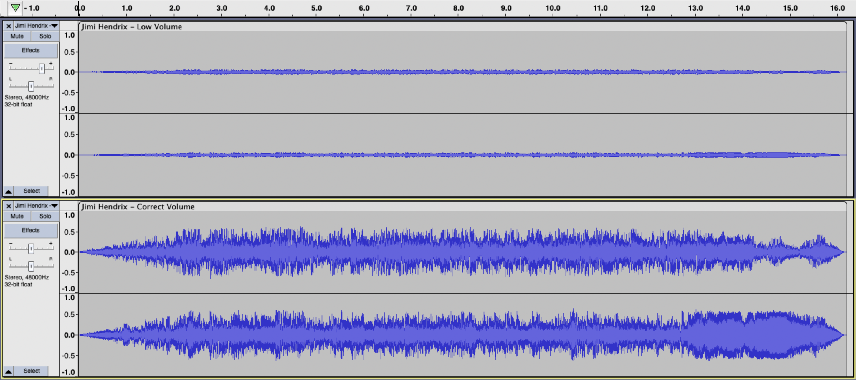 مقایسه دو شکل موج صوتی در Audacity